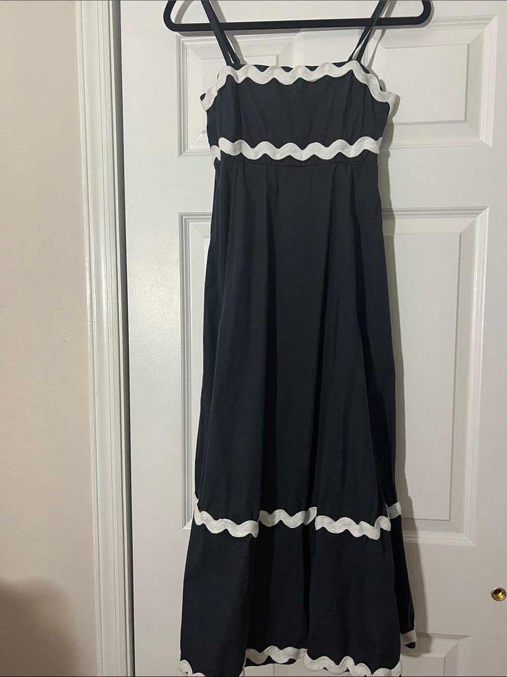Navy Maxi Dress with White Trim - Classic Spaghetti Strap Maxi